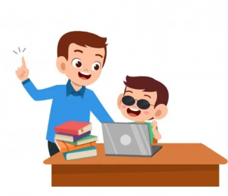 Beyaz zemin üzerinde bir masa ve masanın tam ortasında sırtı bize dönük şekilde açık bir laptop ile masanın sol tarafında üst üste öylesine konmuş gibi duran farklı renklerde beş kitap çizimi yer alıyor. Masada siyah güneş gözlüğü takmış, kahverengi saçlı, yeşil tshirtlü ve konuşur gibi ağzı açık oturan bir çocuk çizimi, hemen sol tarafında ayakta babası olduğunu düşündüğümüz bir erkek yer alıyor. Bu erkeğin üzerinde mavi bir kazak ve içinde mavi bir gömlek var. Bir kolunu oğluna doğru uzatmış.