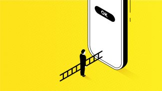 Sarı fon üzerinde bilgisayarda çizilmiş bir görselde, büyük bir mobil telefon önünde siyah takım elbise giymiş adam elinde merdivenle telefona doğru bakıyor. Telefon ekranında adamdan daha yüksekte “OK” yazılı onay butonu bulunuyor.