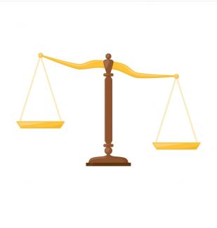 Beyaz bir fon önünde adalet sembolü olan ve sol kefesi sağ kefesine göre biraz daha yukarıda duran bir terazi çizimi.