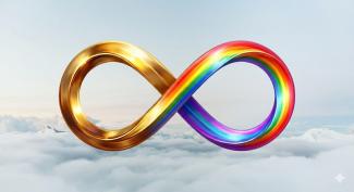 Bulutların üzerinde süzülen devasa, üç boyutlu bir sonsuzluk sembolü yer alıyor. Solu altın sarısı, sağı gökkuşağı renklerinde, metalik ve cam benzeri parlaktır. Altta bulutlar, uzakta karlı dağlar, üstte açık mavi gökyüzü ve sağ altta küçük bir yıldız görünüyor.